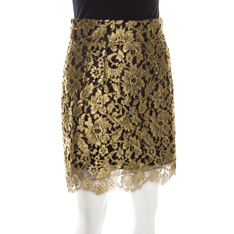 

Dolce & Gabbana Metallic Gold Lace Overlay Scalloped Mini Skirt