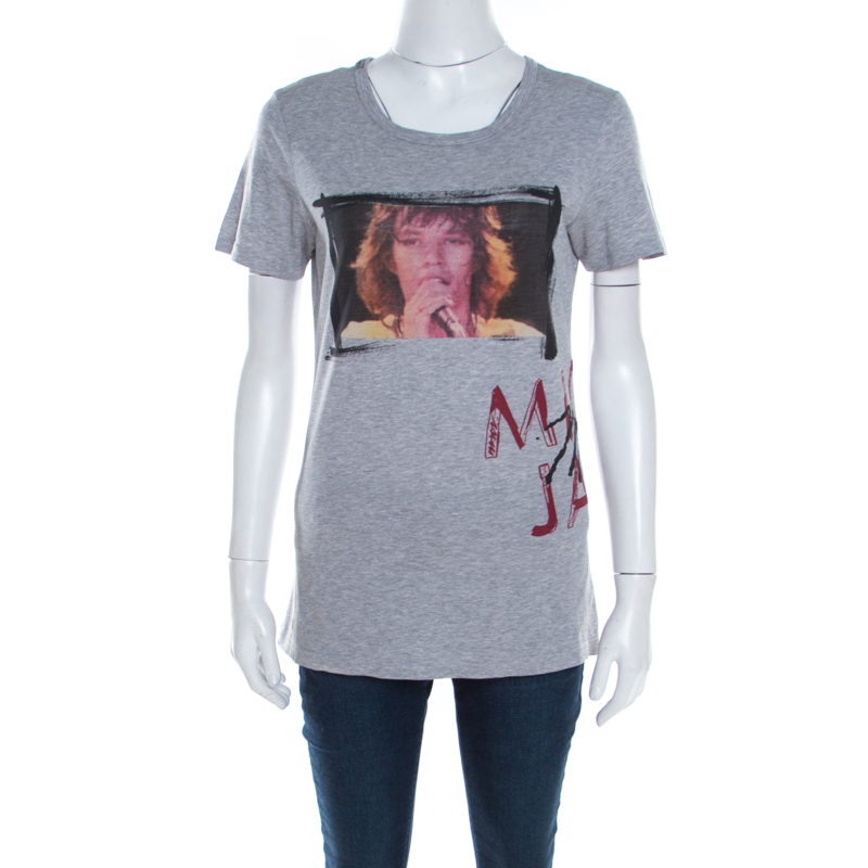 Dolce & Gabbana Grey Mick Jagger Print Melange Cotton Crew Neck T ...