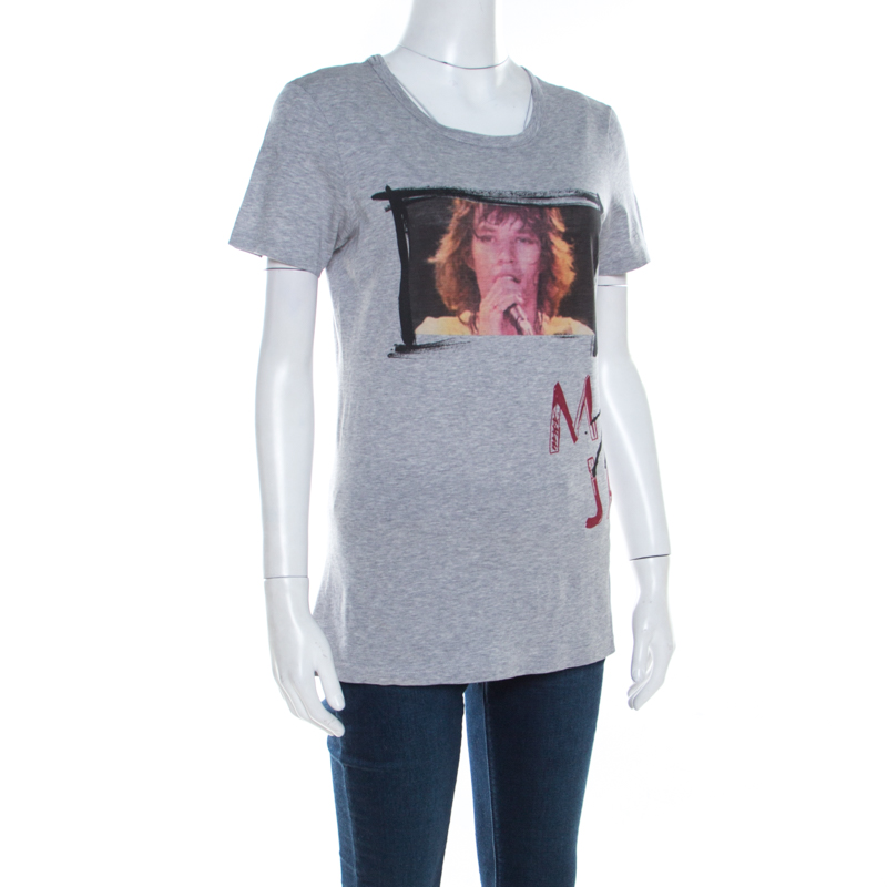 

Dolce & Gabbana Grey Mick Jagger Print Melange Cotton Crew Neck T- Shirt