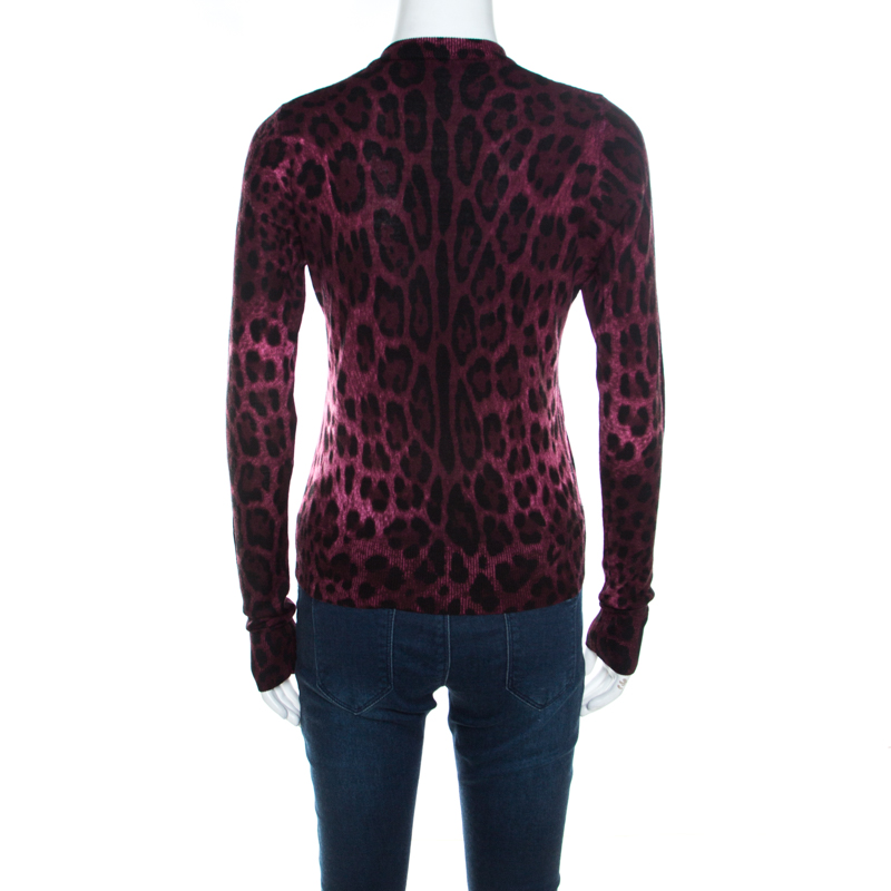 Pre-owned Dolce & Gabbana Mulberry Purple Leopard Print Wool Sweater Top S