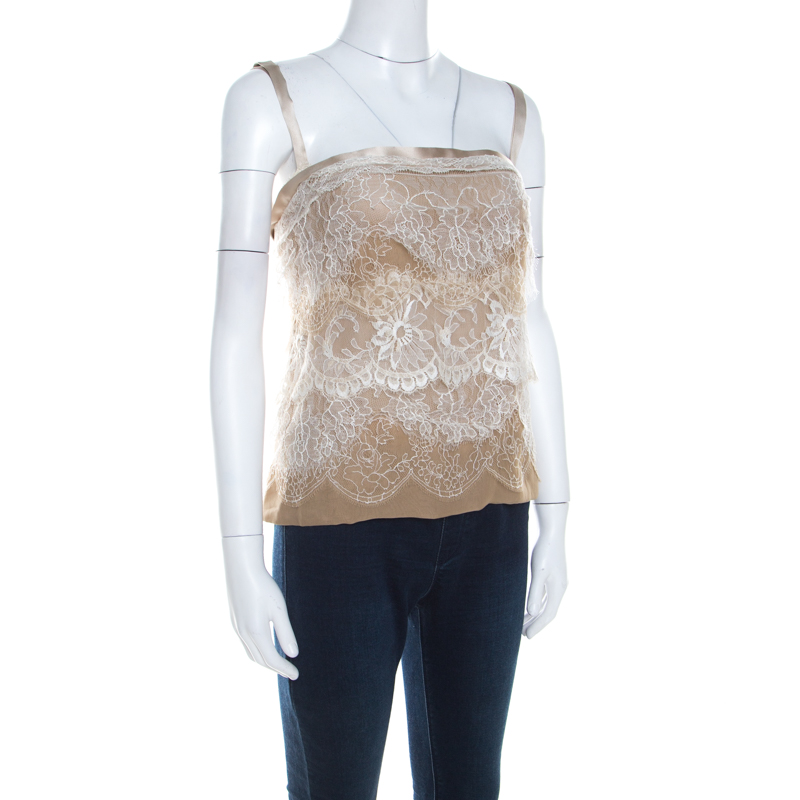 

Dolce & Gabbana Beige Tiered Lace Overlay Silk Blend Bustier Top