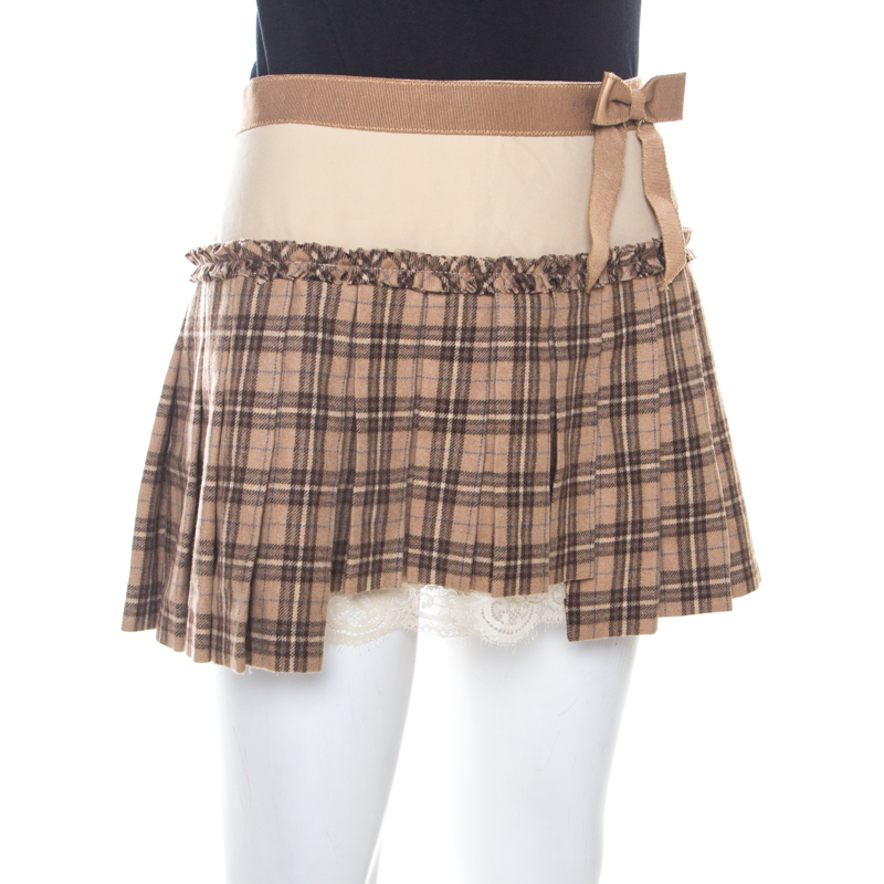 

Dolce and Gabbana Caramel Brown Tartan Wool Lace Trim Pleated Mini Skirt