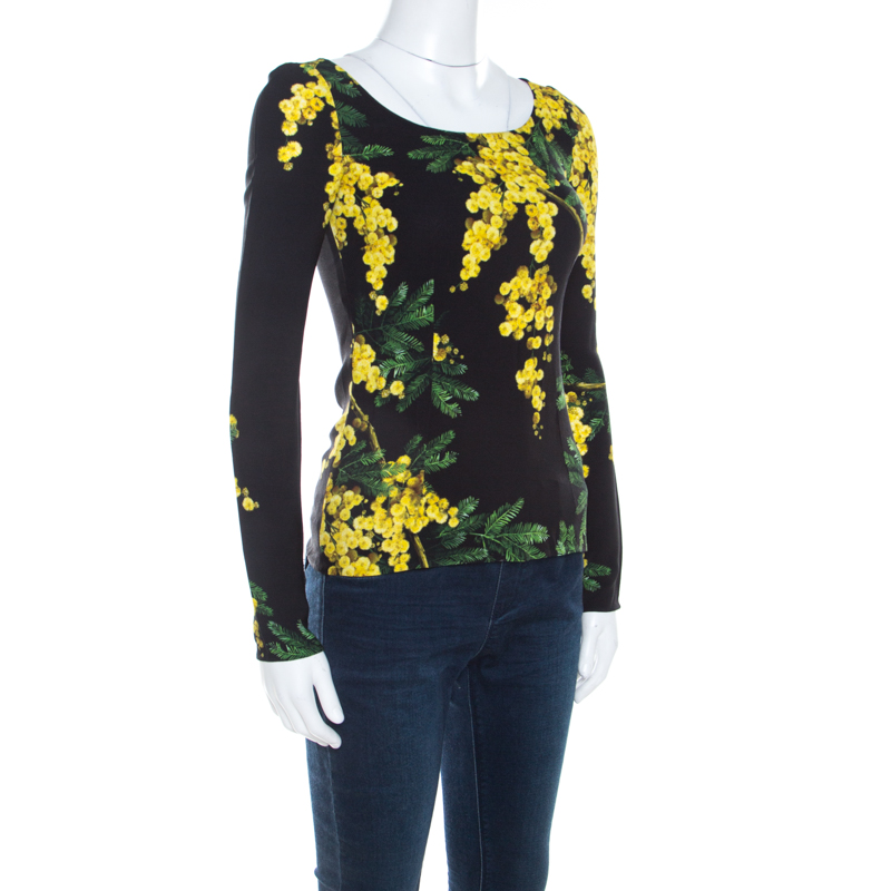 Pre-owned Dolce & Gabbana Black And Yellow Floral Acacia Print Long Sleeve Top S