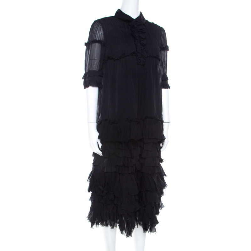 

Dolce and Gabbana Black Silk Ruffle Layered Midi Dress