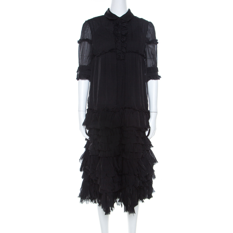 Pre Owned فستان ميدي دولتشي أند غابانا حرير أسود طبقات مكشكشة M