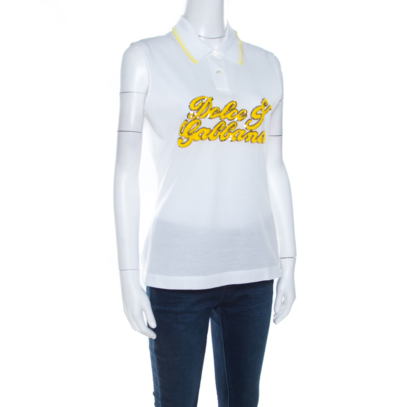 

Dolce & Gabbana White Pique Cotton Sequin Logo Embroidered Sleeveless Polo Top