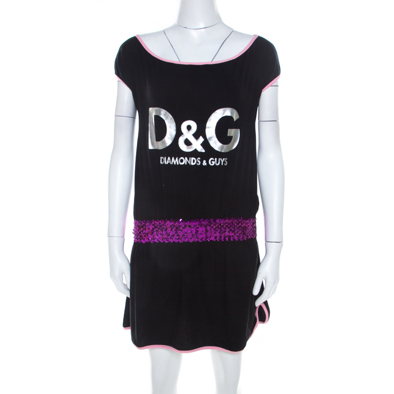 Dolce and Gabbana Black Jersey Drop Waist Sequin Embellished Dress M 