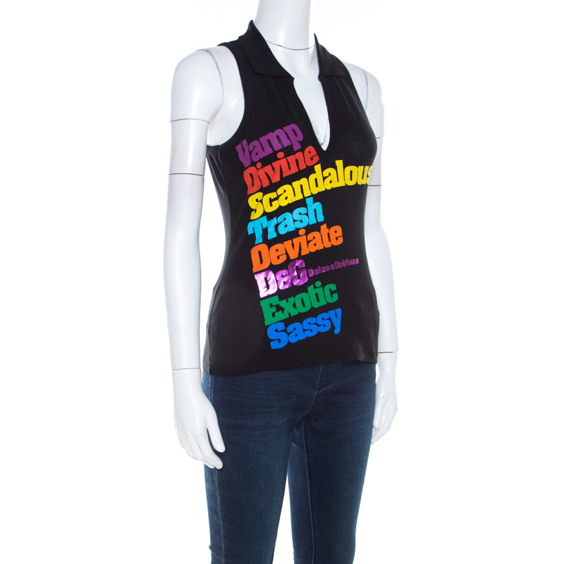

Dolce and Gabbana Black Printed Cotton Jersey Sleeveless Polo T Shirt