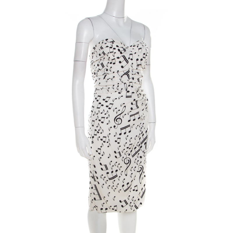 

Dolce & Gabbana White and Black Musical Note Printed Silk Strapless Dress