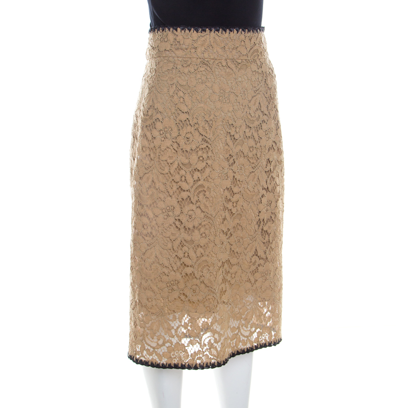 

Dolce and Gabbana Beige Floral Lace Pencil Skirt