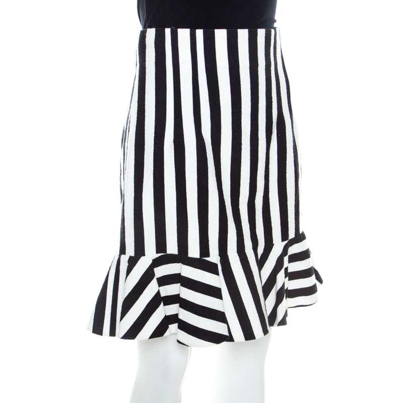 

Dolce & Gabbana Black and White Striped Cotton Knit Peplum Detail Skirt