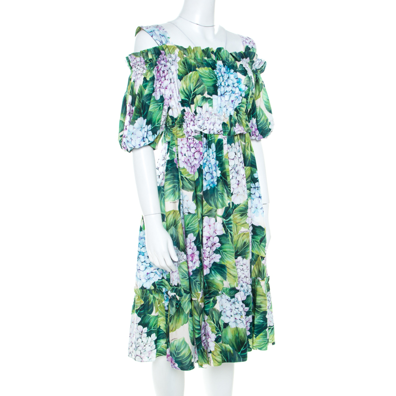 

Dolce and Gabbana Hydrangea Print Cotton Poplin Elasticized Waist Cold Shoulder Dress, Multicolor