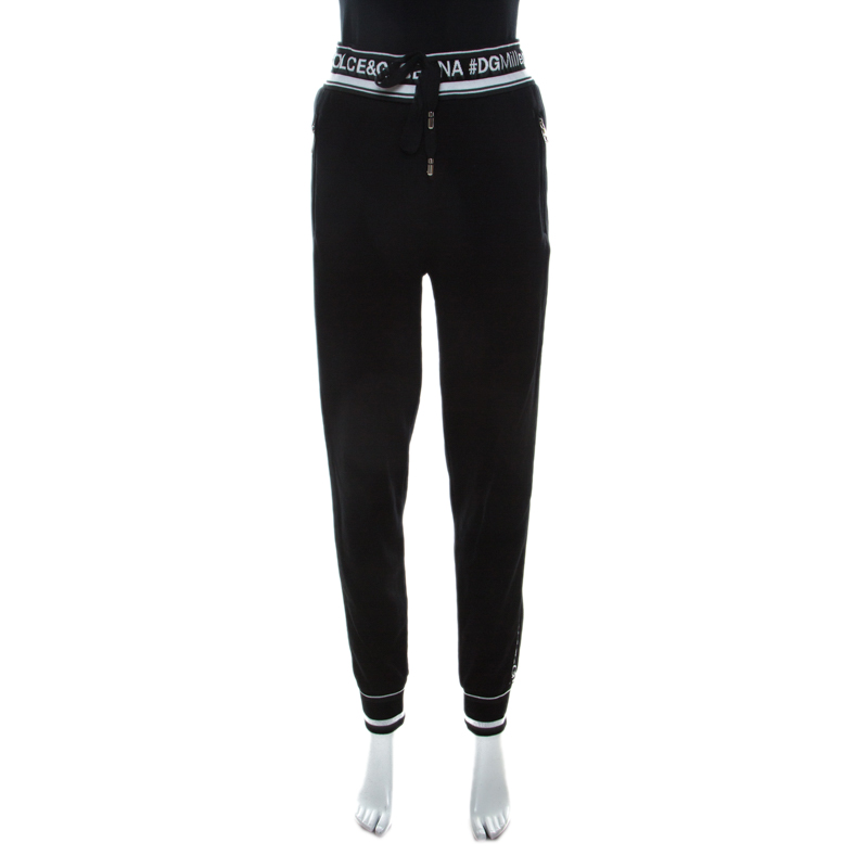Dolce & Gabbana Black Stretch Cotton Logo Panel Detail Jogger Pants M