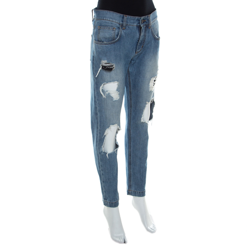 

Dolce and Gabbana Blue Ripped Denim Boyfriend Fit Jeans