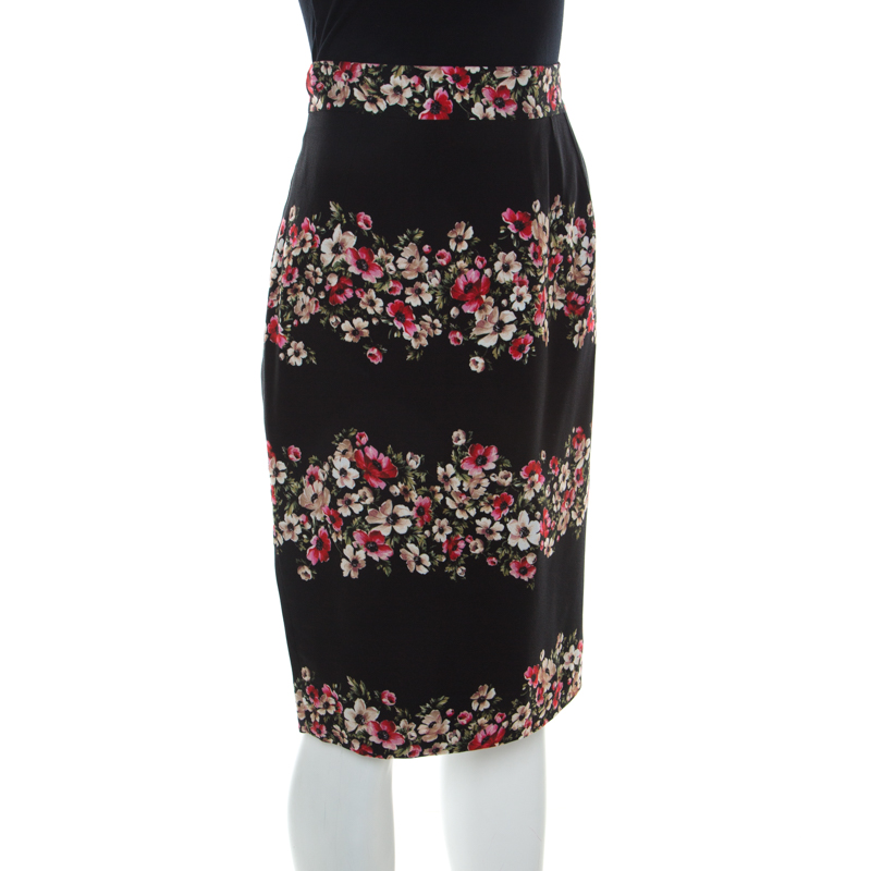 

Dolce and Gabbana Black Striped Floral Print Cady Pencil Skirt