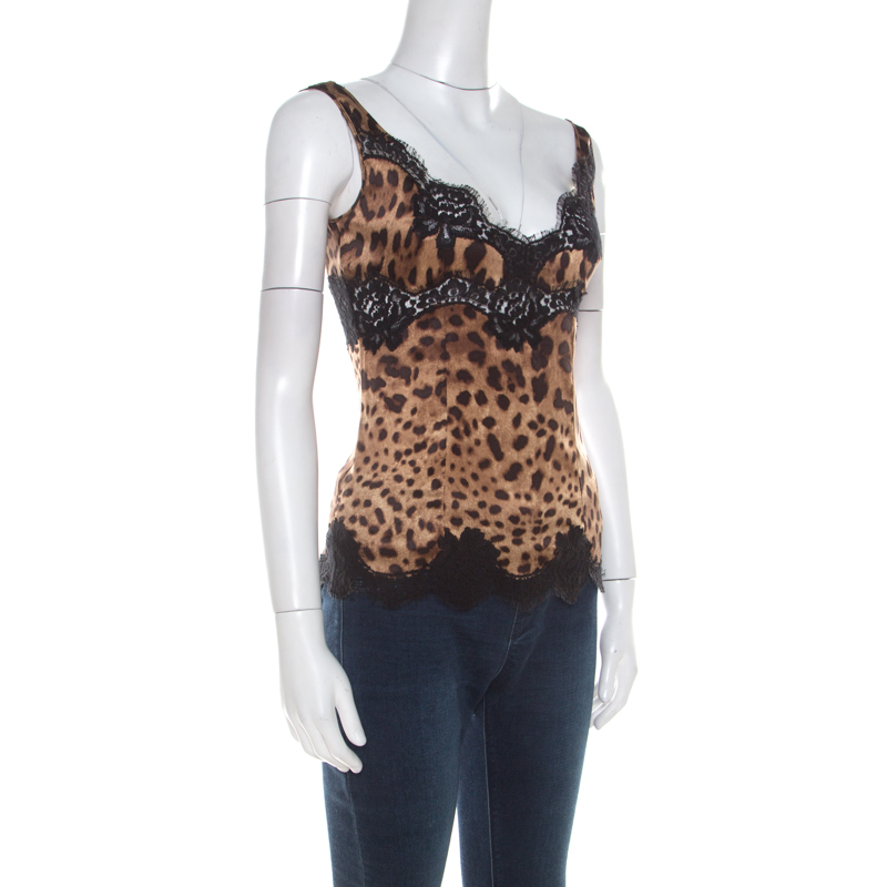 

Dolce and Gabbana Brown Leopard Print Silk and Lace Trim Camisole Top