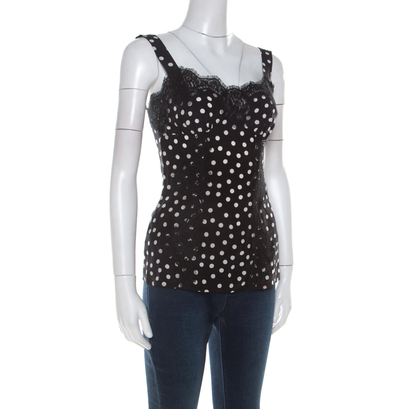 

Dolce and Gabbana Black and White Polka Dot Silk Camisole Top