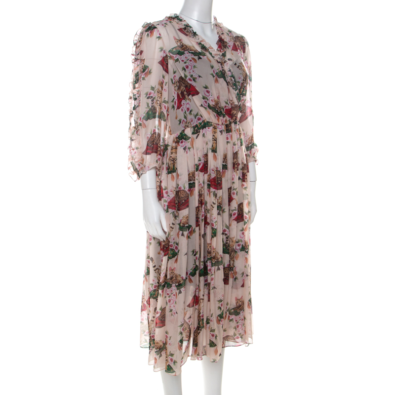 

Dolce & Gabbana Multicolor Cat and Floral Print Silk Ruffled Trim Midi Dress
