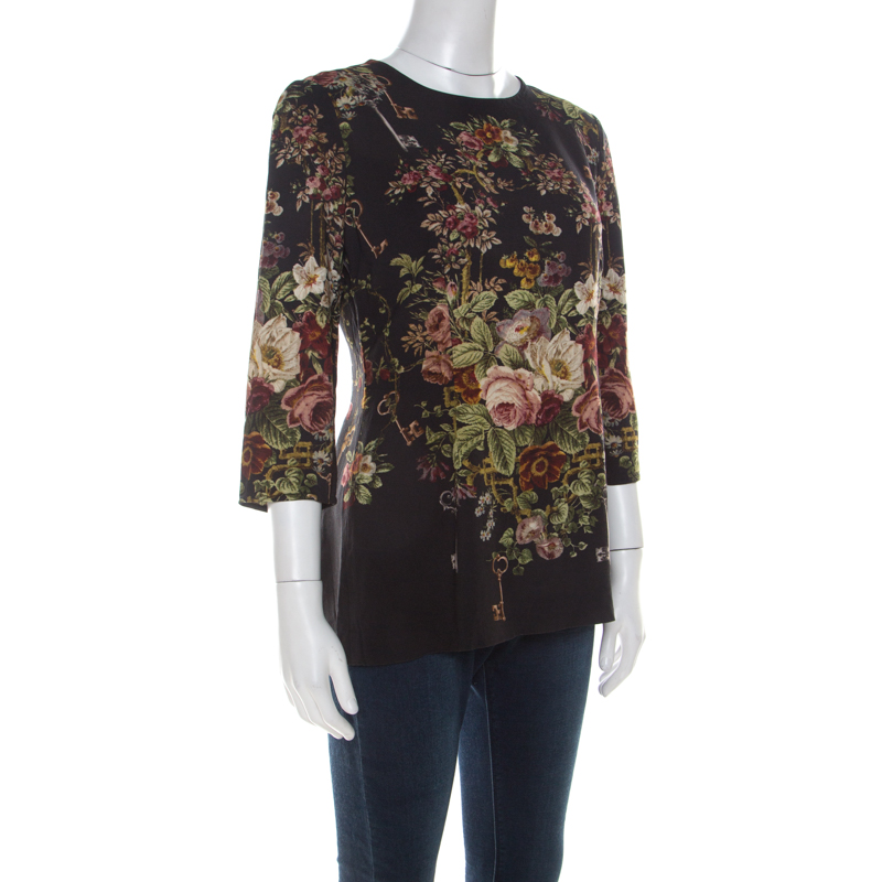 

Dolce & Gabbana Black Antique Key and Floral Print Crepe Long Sleeve Blouse