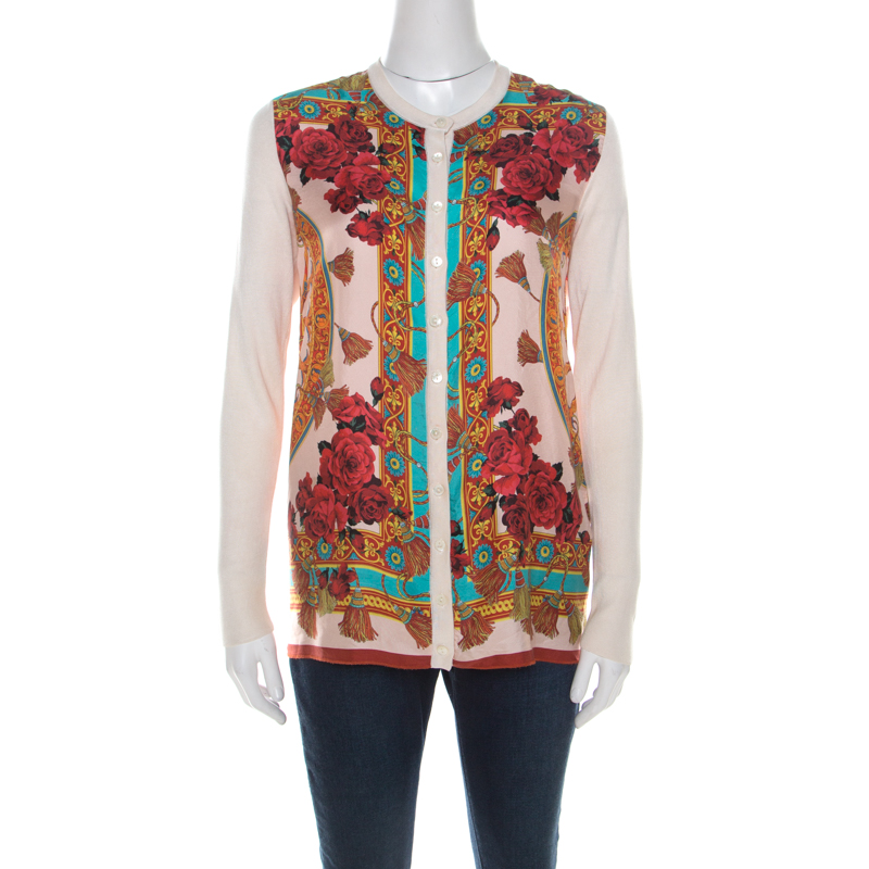 Dolce and Gabbana Multicolor Tasseled Baroque Print Silk Cardigan S