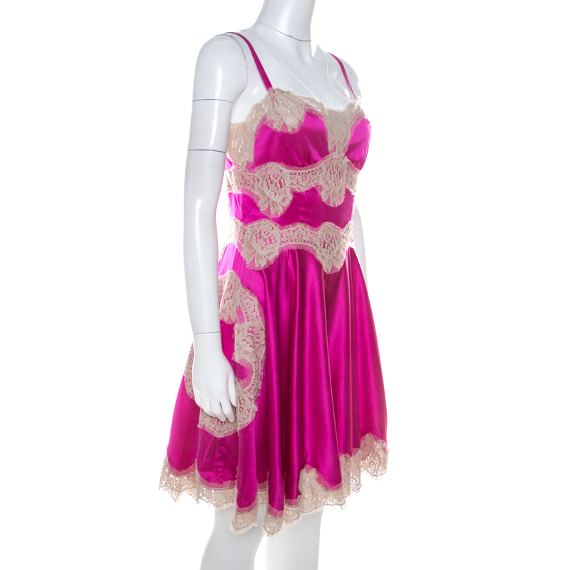 

Dolce and Gabbana Fuchsia Pink Silk Lace Detail Slip Dress