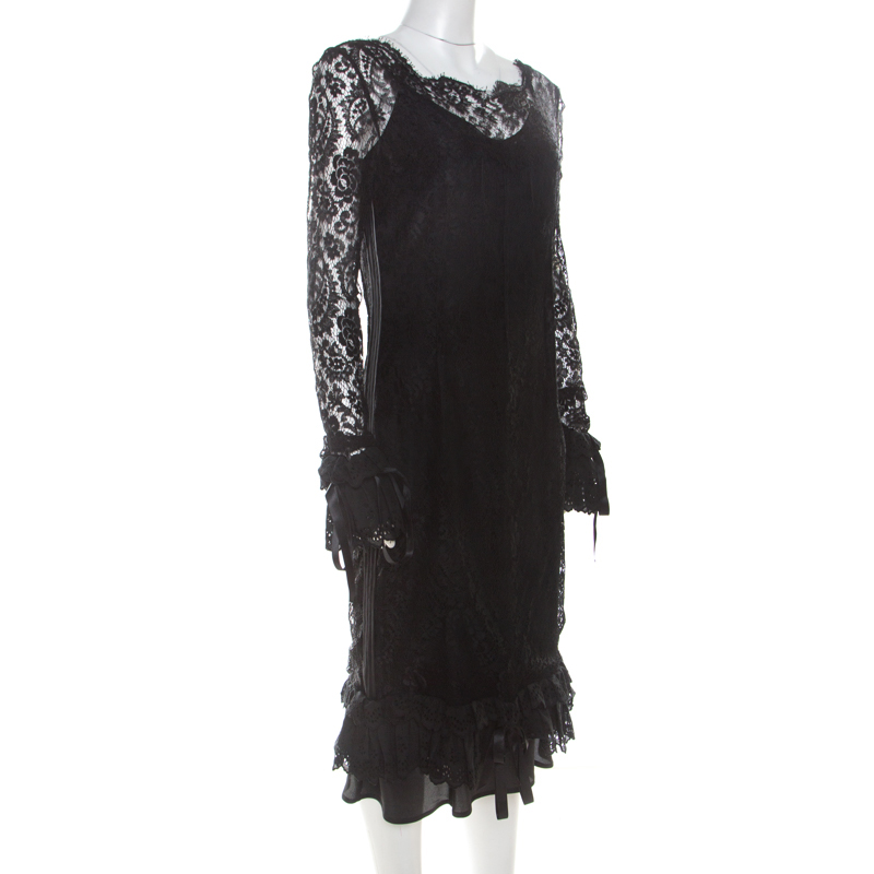 

Dolce & Gabbana Black Lace Ruffle Sleeve and Hem Detail Midi Dress