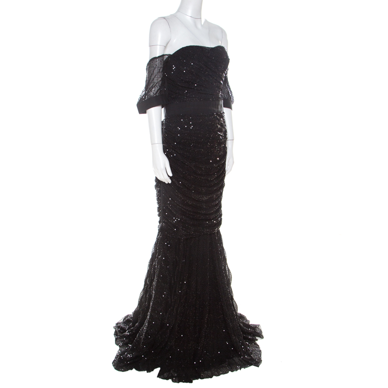 

Dolce & Gabbana Black Embellished Tulle Ruched Off Shoulder Gown