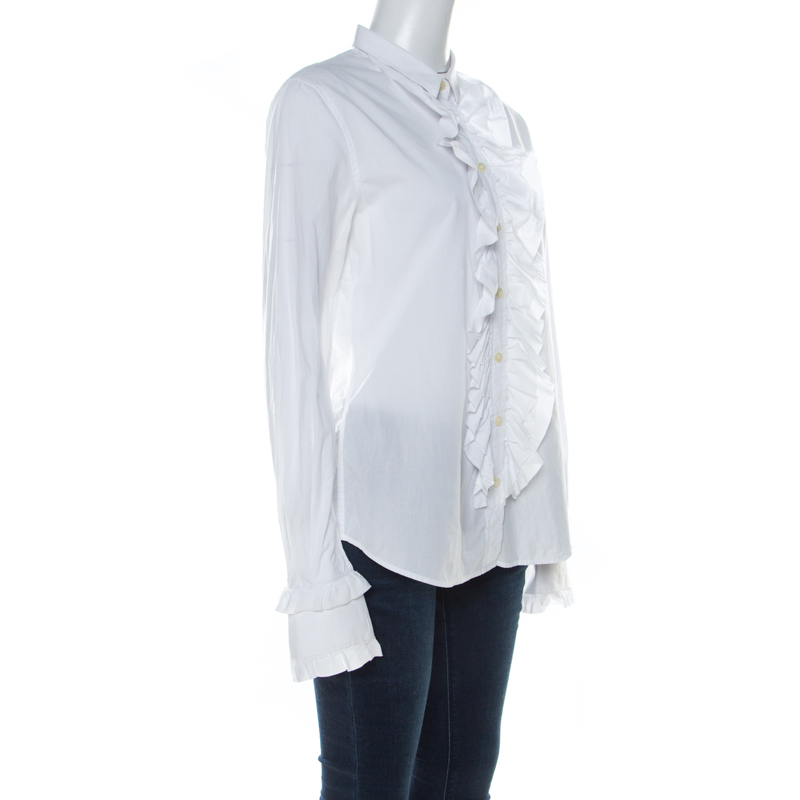 

Dolce & Gabbana White Cotton Poplin Ruffled Detail Button Front Shirt