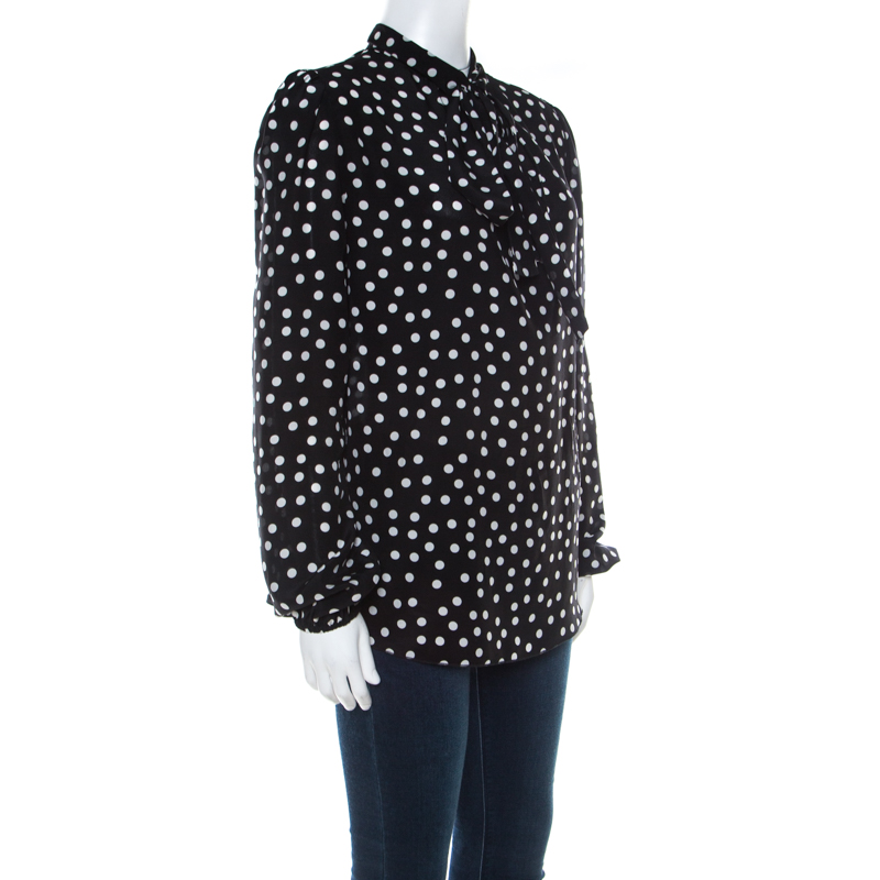 

Dolce & Gabbana Black & White Polka Dot Crepe Tie Neck Blouse