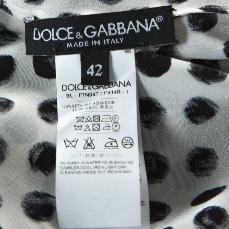Pre-owned Dolce & Gabbana Monochrome Brushstroke Polka Dot Print Silk Blouse M In White
