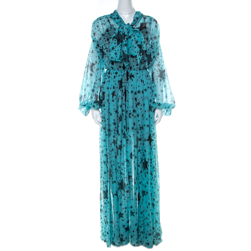 Dolce & Gabbana Blue Star Printed Georgette Elastic Waist Billowy Dress ...
