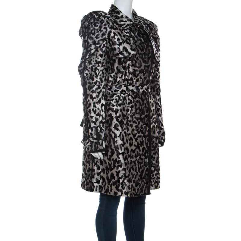 

Dolce and Gabbana Grey Leopard Pattern Textured Silk Puff Sleeve Trench Coat