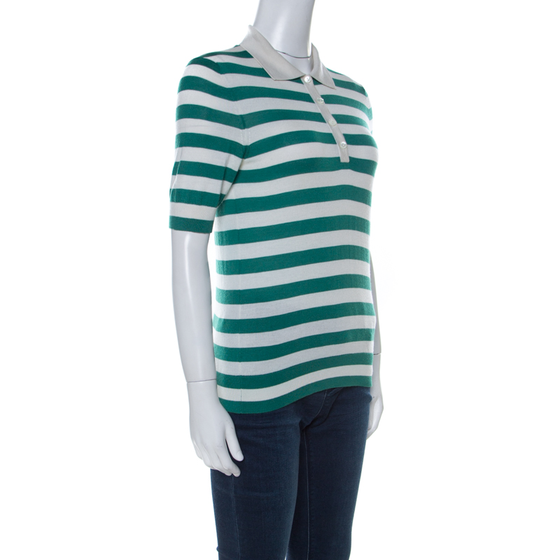 

Dolce & Gabbana Green and Off White Cashmere Striped Polo T Shirt