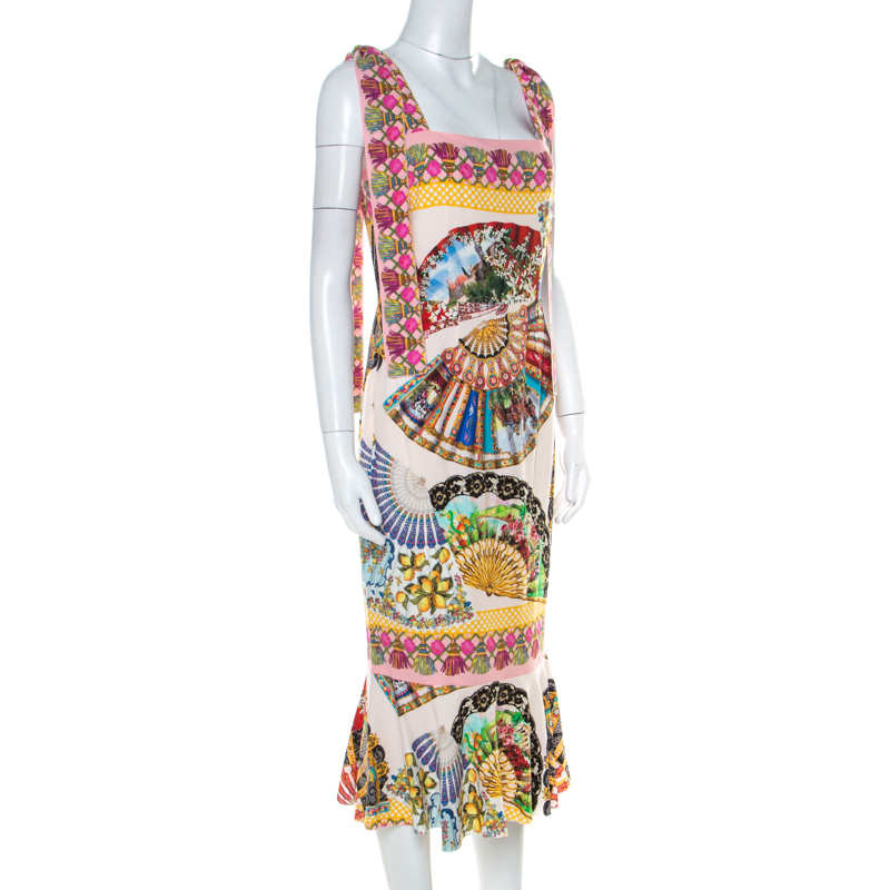 

Dolce & Gabbana Multicolor Stretch Silk Oriental Fan Print Flounce Dress
