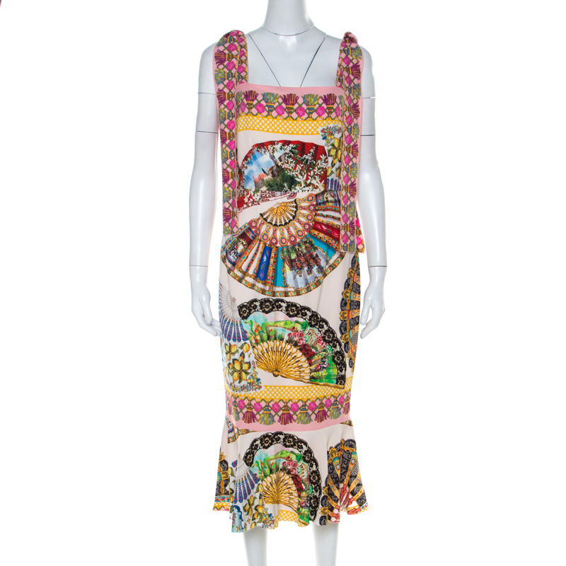 Dolce & Gabbana Multicolor Stretch Silk Oriental Fan Print Flounce ...