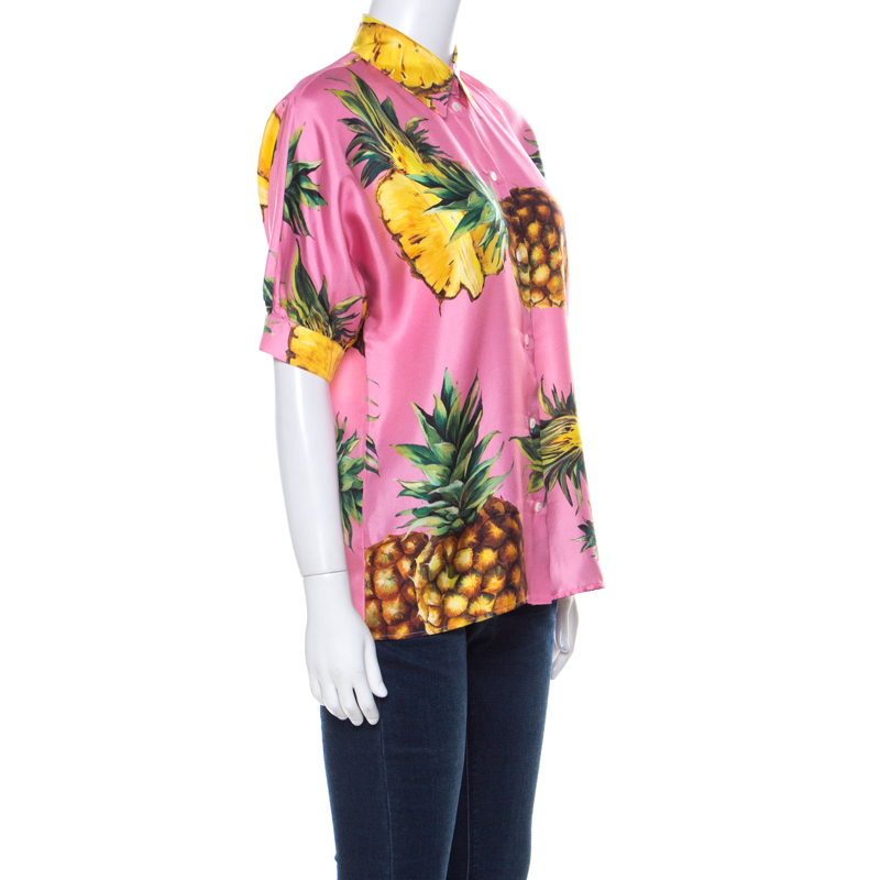 

Dolce & Gabbana Pink Pineapple Print Silk Twill Boxy Shirt