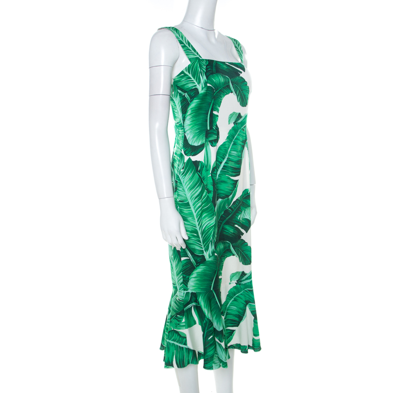 

Dolce and Gabbana Green & White Banana Leaf Print Ruffle Hem Sleeveless Dress
