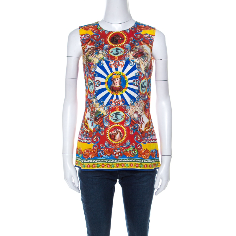 Pre Owned Dolce and Gabbana Multicolor Printed Silk Sleeveless Top M