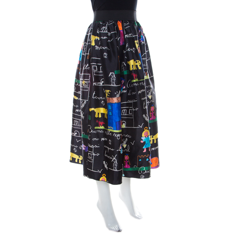 

Dolce and Gabbana Black Chldren's Painting Print Mikado Silk Flared Skirt