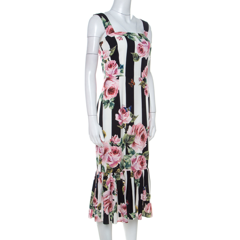 

Dolce and Gabbana Black & White Striped Floral Print Stretch Silk Dress, Multicolor