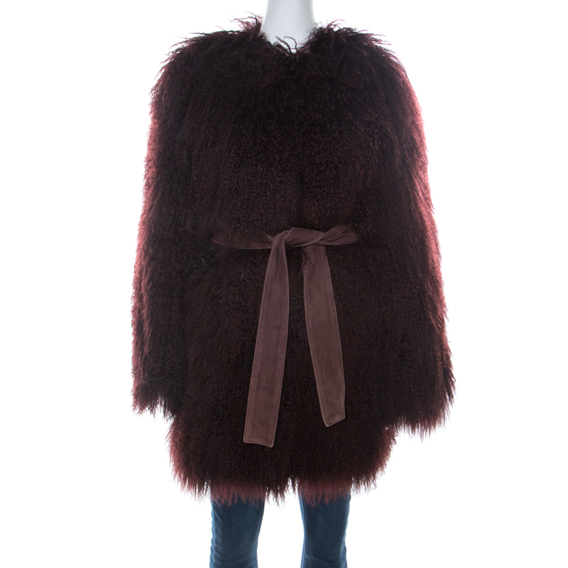 Pre Owned Dolce & Gabbana Burgundy Lamb Shearling Fur Belted Mongolian Coat S