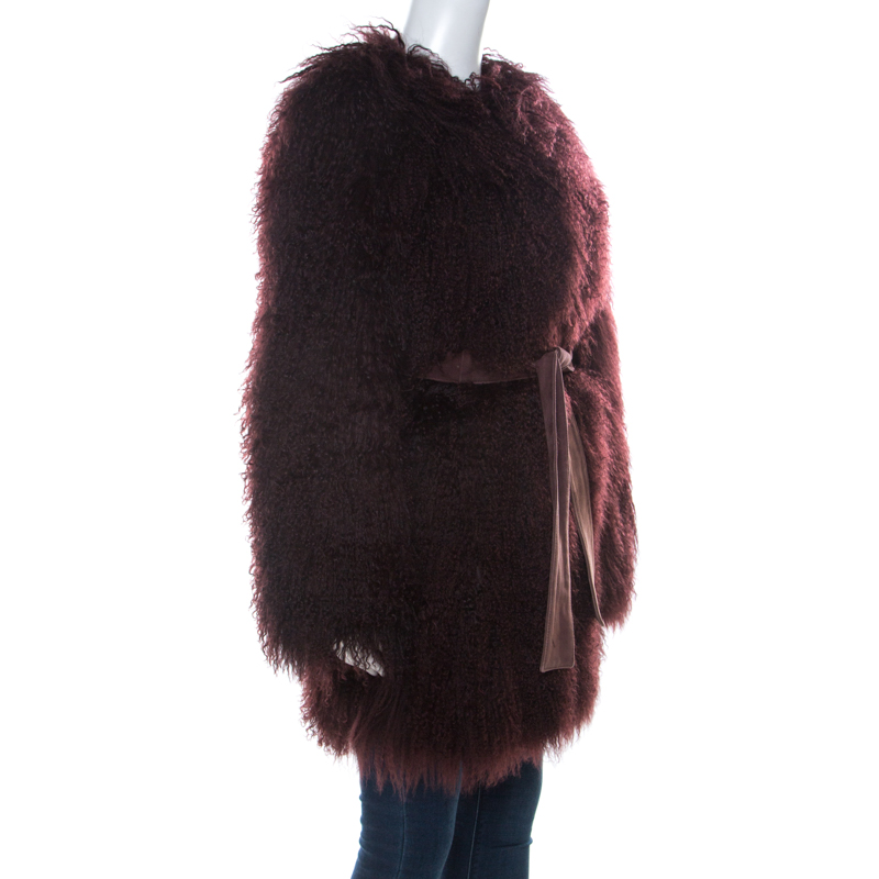 

Dolce & Gabbana Burgundy Lamb Shearling Fur Belted Mongolian Coat
