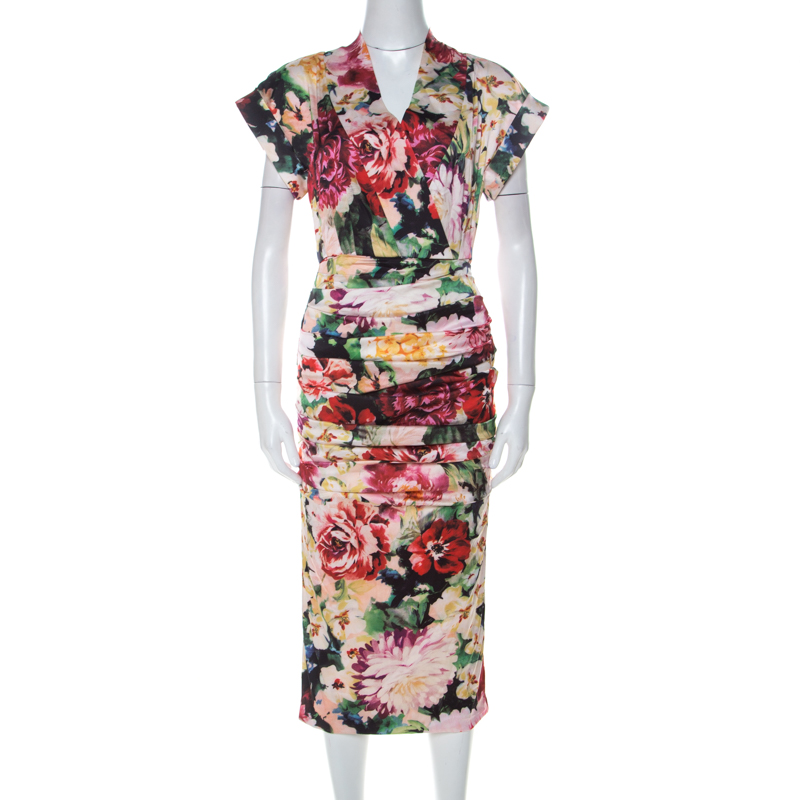 مملوكة مسبقًا فستان دولتشي أند غابانا حرير مورد مطبوع متعدد الألوان سترتش ديرابيه S