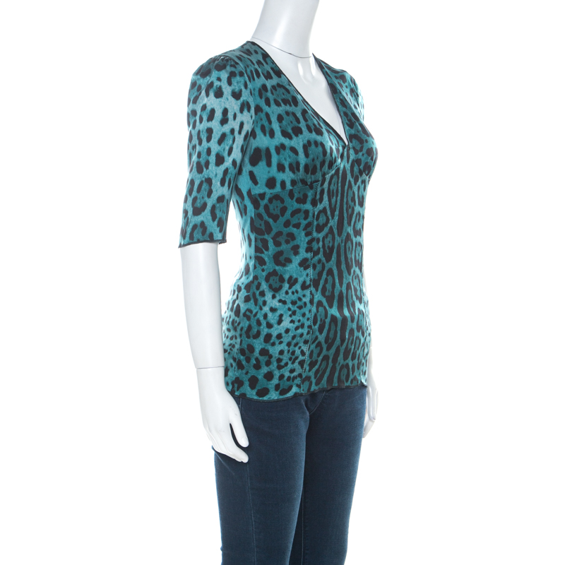 

Dolce & Gabbana Blue Stretch Silk Leopard Print Three Quarter Sleeve Top