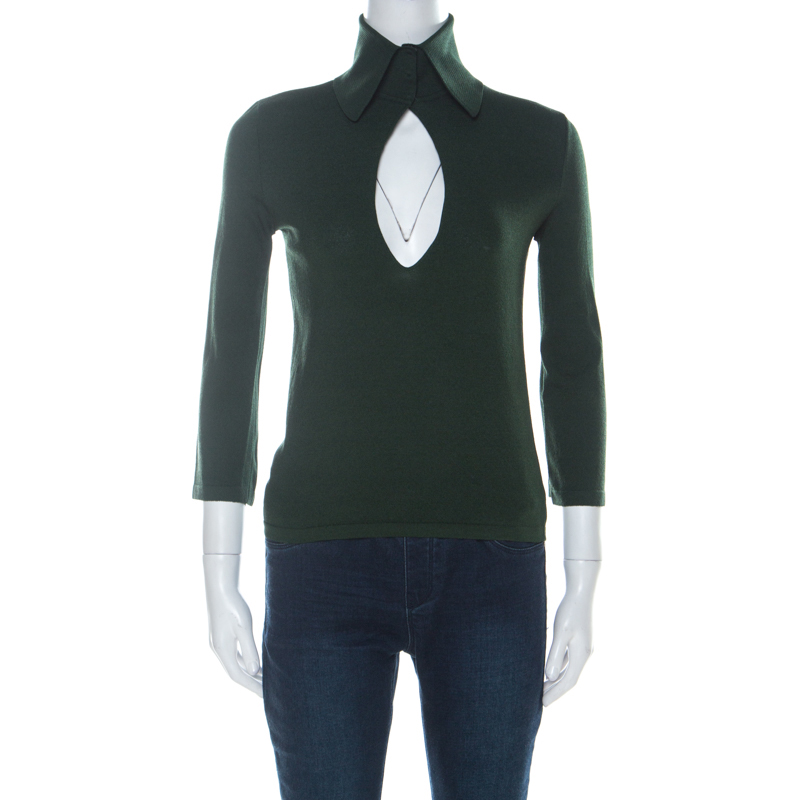 مملوكة مسبقًا Dolce and Gabbana Green Knit Collared Three Quarter Sleeve Top M
