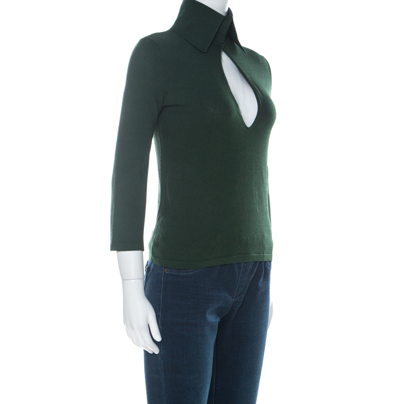 

Dolce and Gabbana Green Knit Collared Three Quarter Sleeve Top