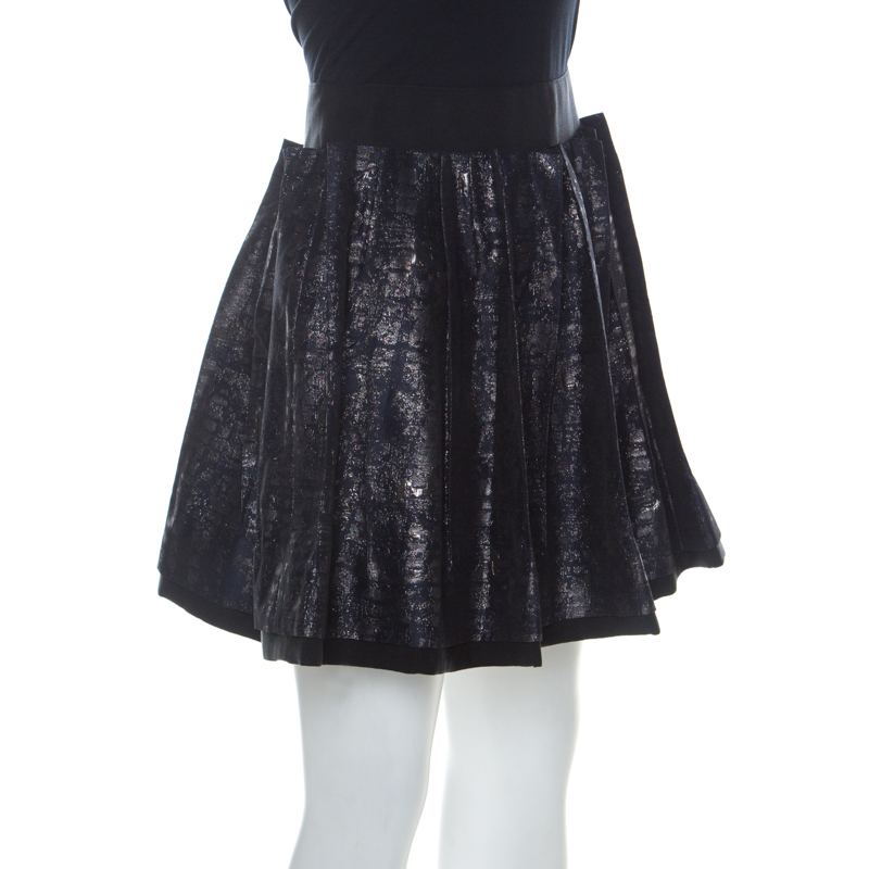 

Dolce and Gabbana Navy Blue Lurex Jacquard Pleated Short Skirt