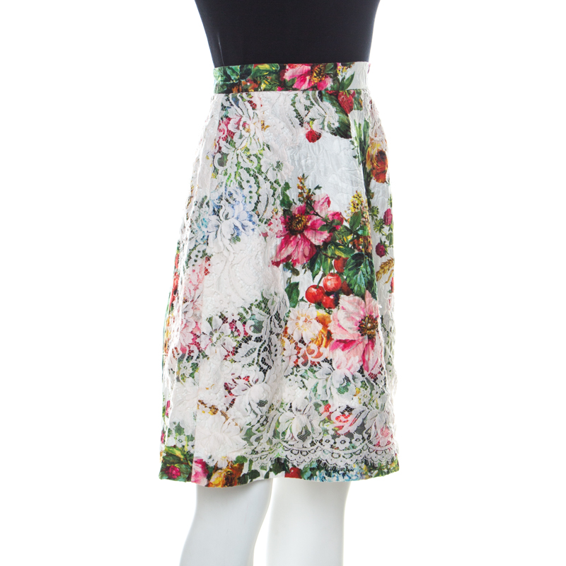 

Dolce & Gabbana Floral Print Silk Blend Jacquard Applique Lace Detail Skirt, Multicolor