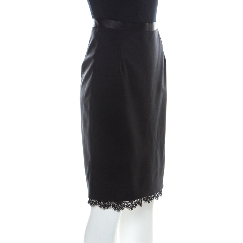

Dolce & Gabbana Black Stretch Wool and Lace Trim Pencil Skirt