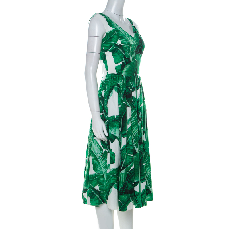 

Dolce and Gabbana Banana Leaf Print Cotton Poplin Dress, Green